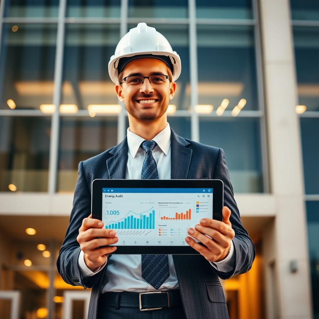 Tableau de bord d'audit énergétique sur tablette devant un bâtiment tertiaire