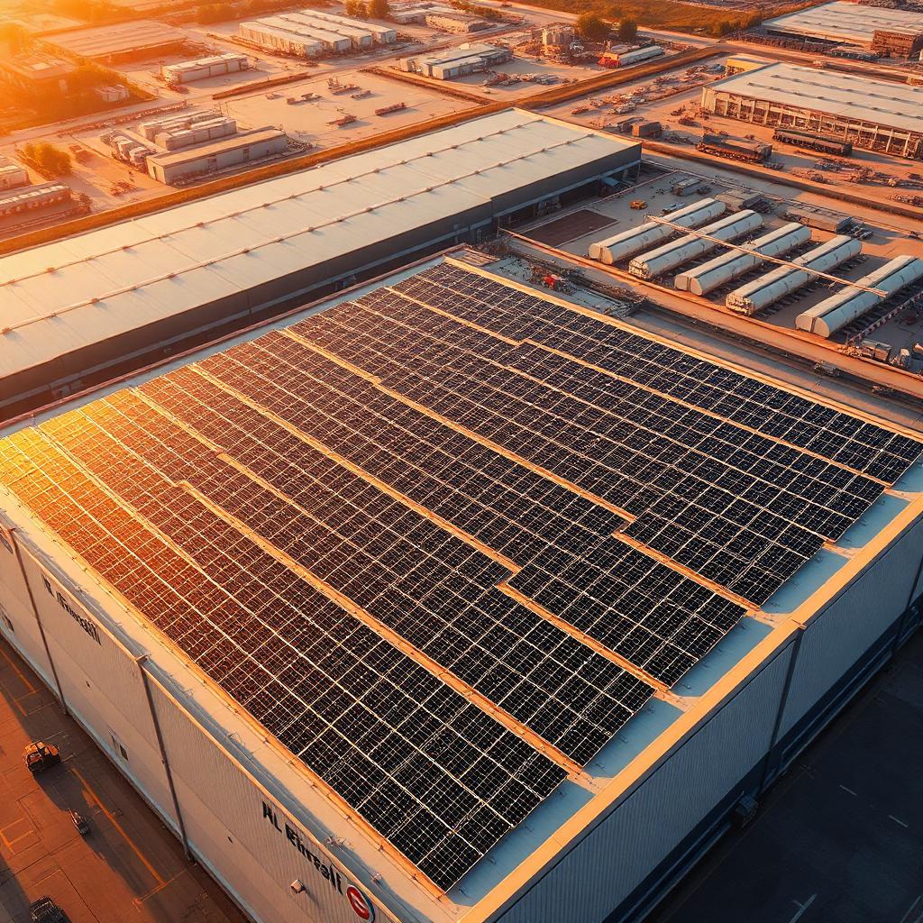 Panneaux solaires photovoltaïques sur toit-terrasse au coucher du soleil